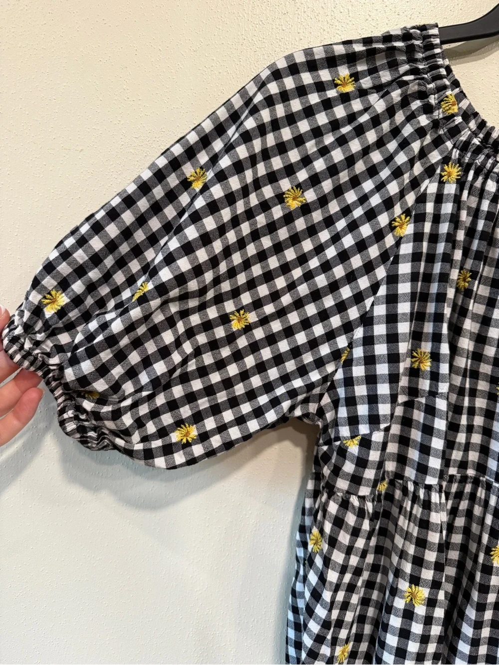 Old Navy Black-and-White Gingham Puff Sleeve Top with Yellow Embroidery